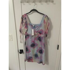 Topshop Floral Mini Dress Ruched Puff Sleeve Watercolor Size 12 NEW‎